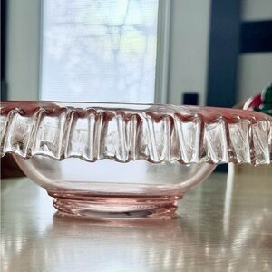 Pink Depression glass bowl with scalloped ruffled edges home decor